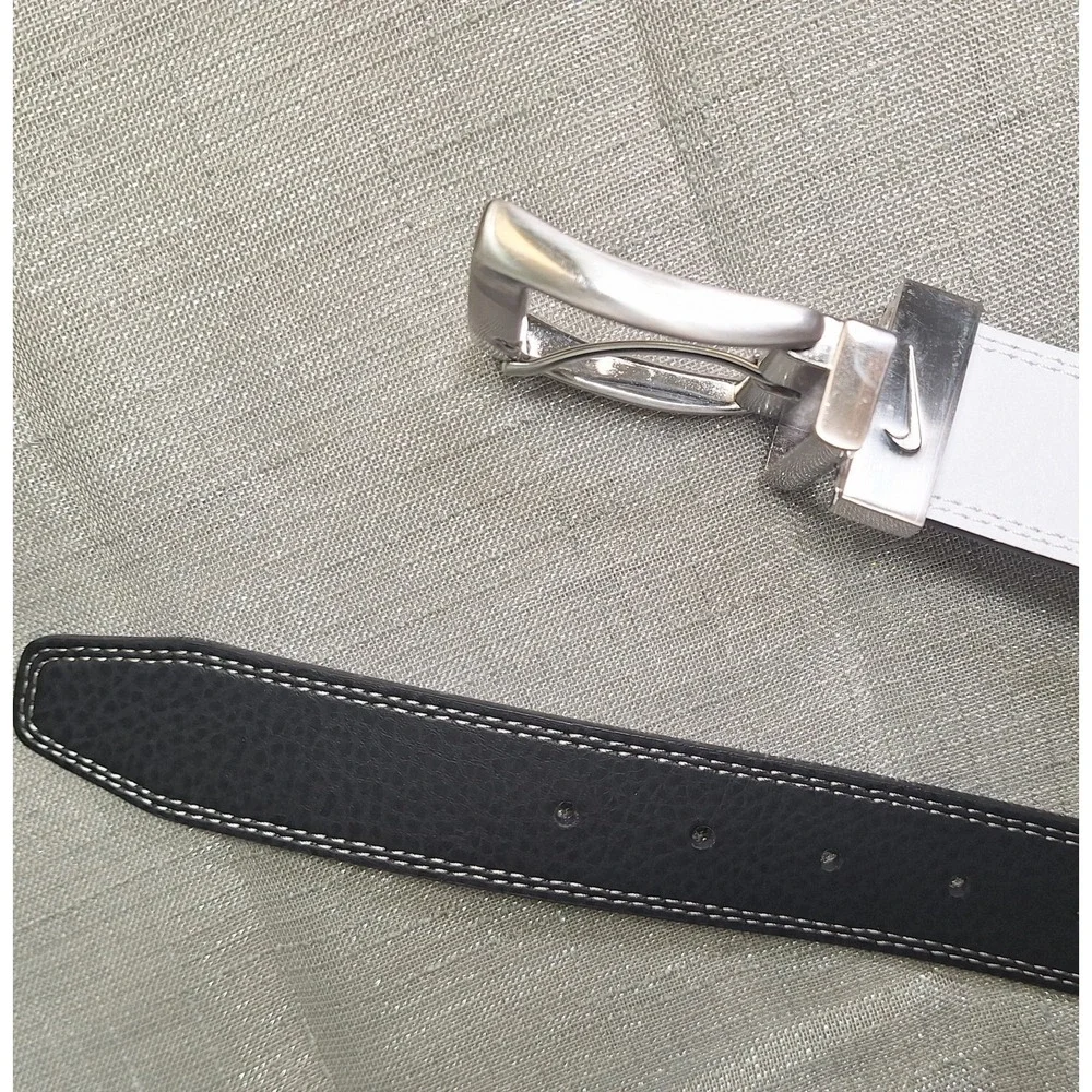 NIKE 34 Black White REVERSIBLE 100% Leather‎ Belt Blokecore Pebbled Stitch Golf